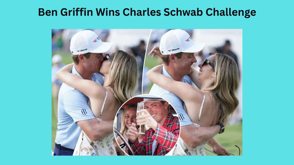 Ben Griffin holds the Charles Schwab Challenge trophy after winning at Colonial Country Club on May 25, 2025.