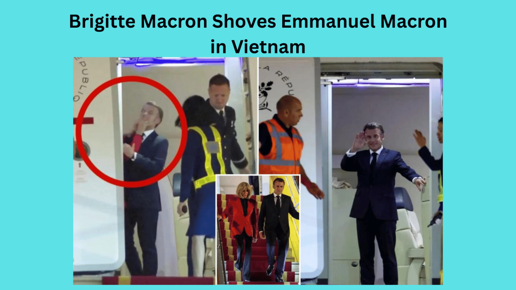 Brigitte Macron’s hands push Emmanuel Macron’s face as they exit a plane in Hanoi, Vietnam, on May 25, 2025.