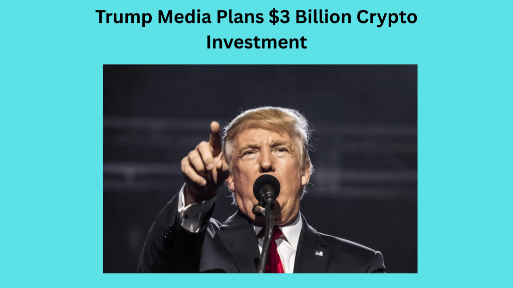 A Bitcoin logo shines on a screen with the Trump Media & Technology Group logo behind it.