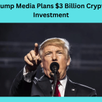 A Bitcoin logo shines on a screen with the Trump Media & Technology Group logo behind it.