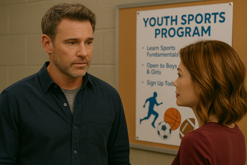 Drew talking to Elizabeth with a flier or whiteboard behind him showing the youth sports program.