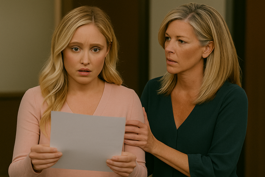 Lulu looking shocked or holding a document, with Carly nearby offering support.
