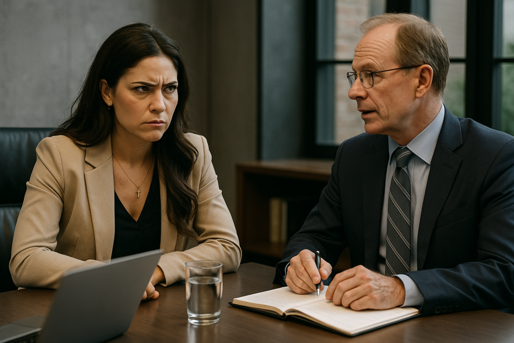 Natalia in a business meeting with Sidwell, looking suspicious or confrontational.