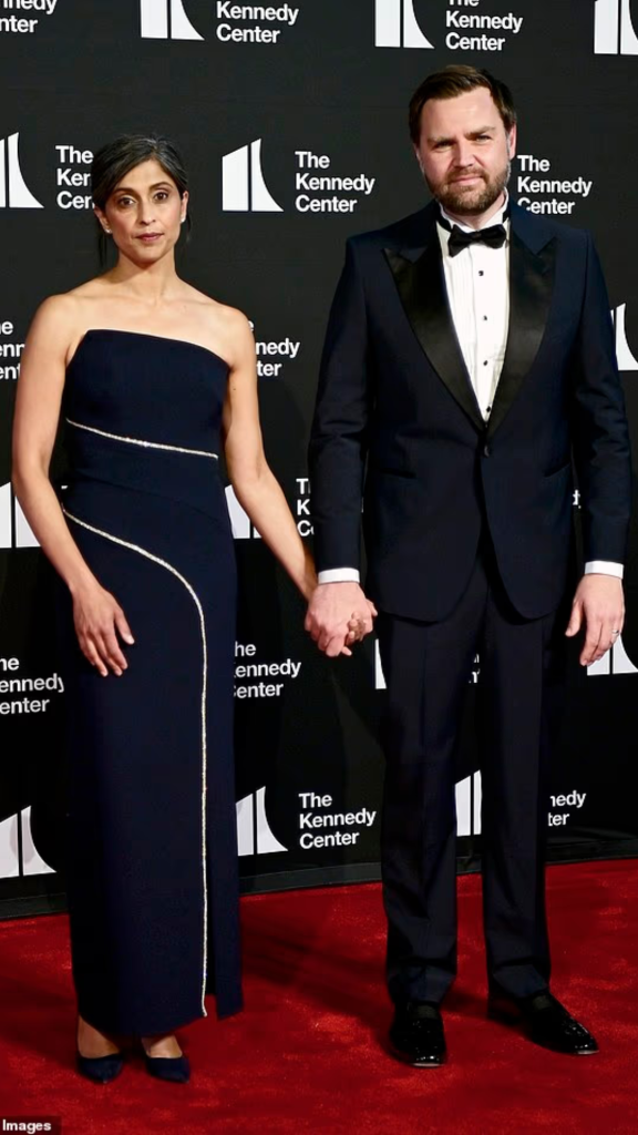 Second lady Usha Vance (left) and her husband, Vice President J.D. Vance (right) arrive at the Kennedy Center Wednesday night for the opener of Les Miserables