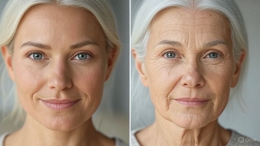 Side-by-side comparison of two women of the same age and same face—one with clear skin, the other with a dull and aged appearance.