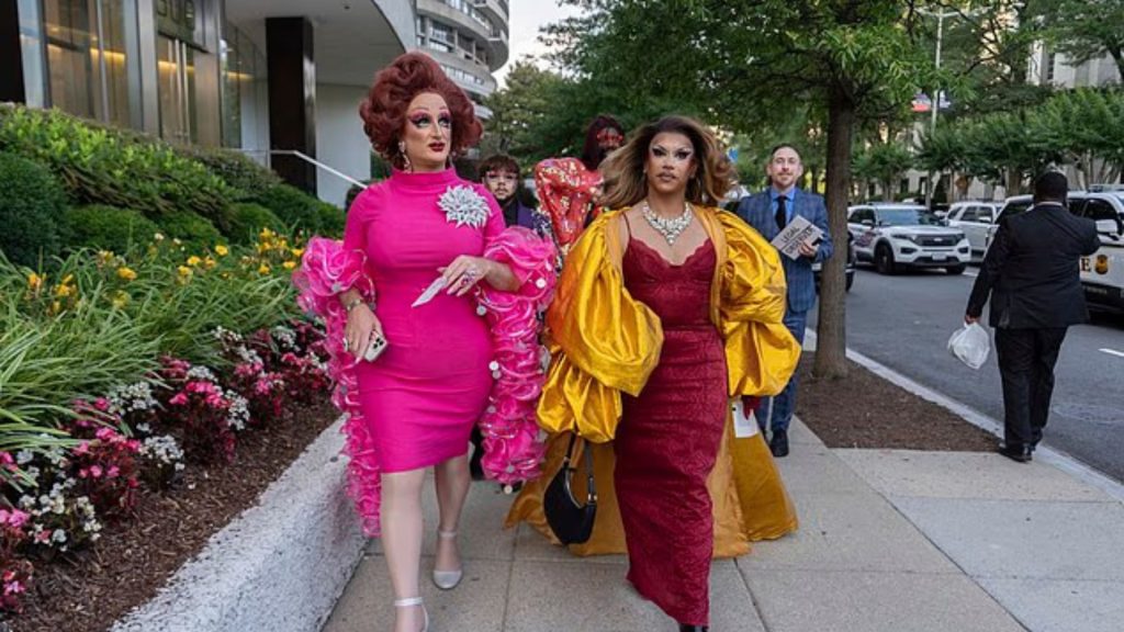 Drag queens Tara Hoot, Maria Con Carne, Ricky Rosé and Vagenesis walk to the Kennedy Center ahead of Wednesday night's programming attended by President Donald Trump and Vice President J.D. Vance